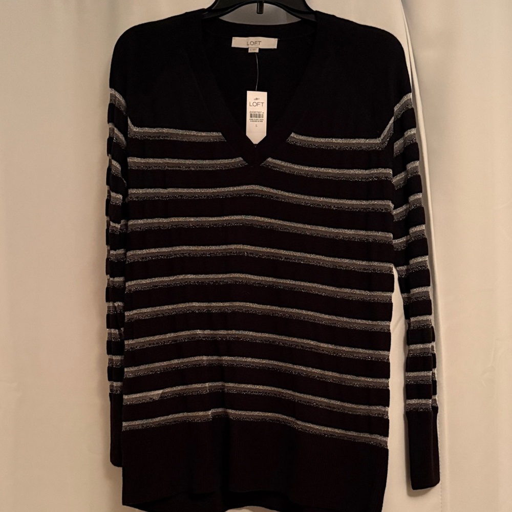 LOFT Women's V-Neck Sweater in Black and Gray Stripes
